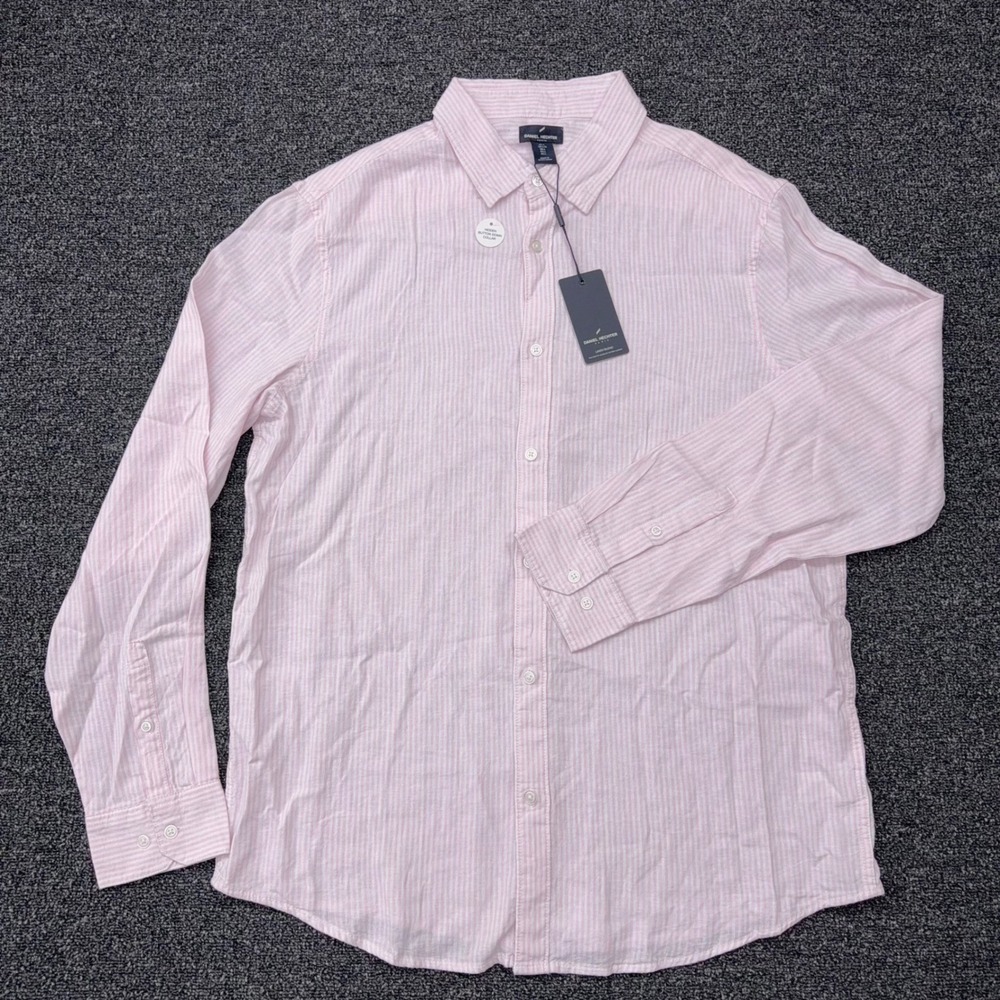 Daniel Hechter Paris Mens Large Pink White Striped Linen Blend Button Down Shirt